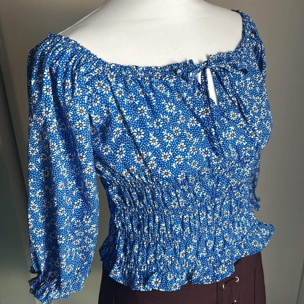 New Vigoss Women’s Smocked Drop Off the Shoulder Floral 3/4 Sleeve Peasant Top - Picture 2 of 12